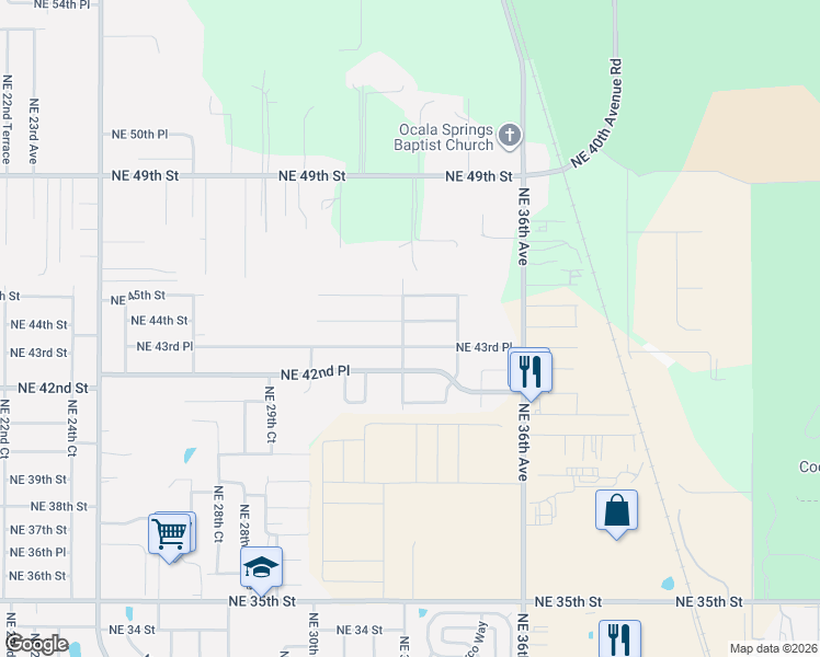 map of restaurants, bars, coffee shops, grocery stores, and more near 3265 Northeast 43rd Place in Ocala