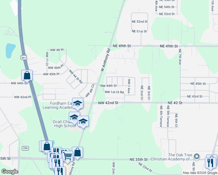 map of restaurants, bars, coffee shops, grocery stores, and more near 4331 Northwest 1st Court Road in Ocala