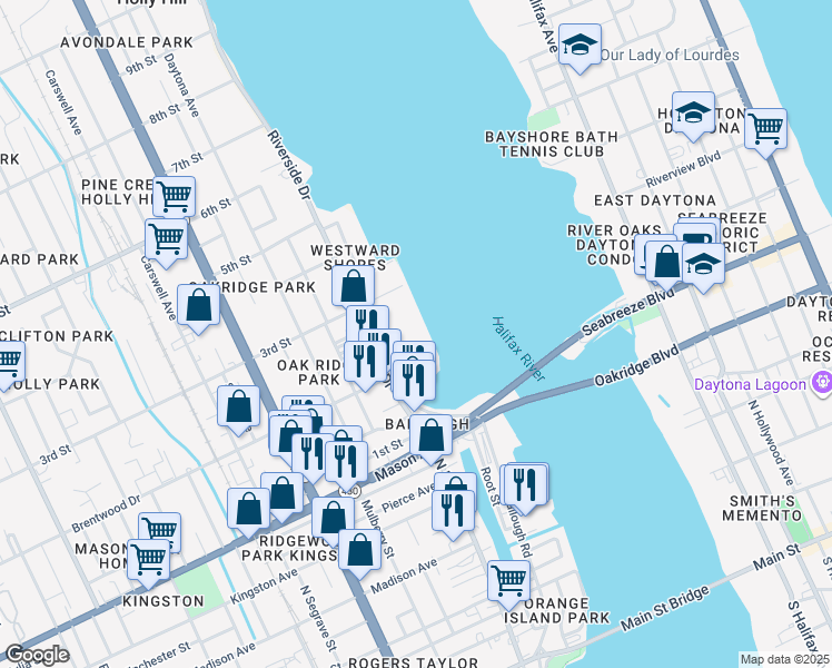 map of restaurants, bars, coffee shops, grocery stores, and more near 231 Riverside Drive in Daytona Beach