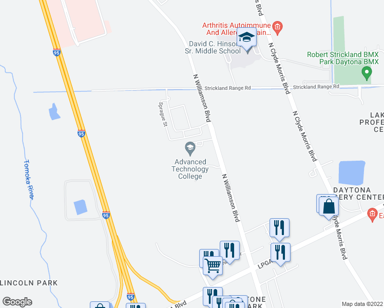 map of restaurants, bars, coffee shops, grocery stores, and more near 1770 Technology Boulevard in Daytona Beach