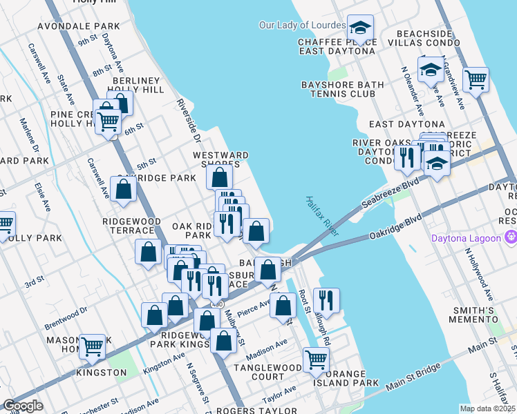 map of restaurants, bars, coffee shops, grocery stores, and more near 231 Riverside Drive in Daytona Beach