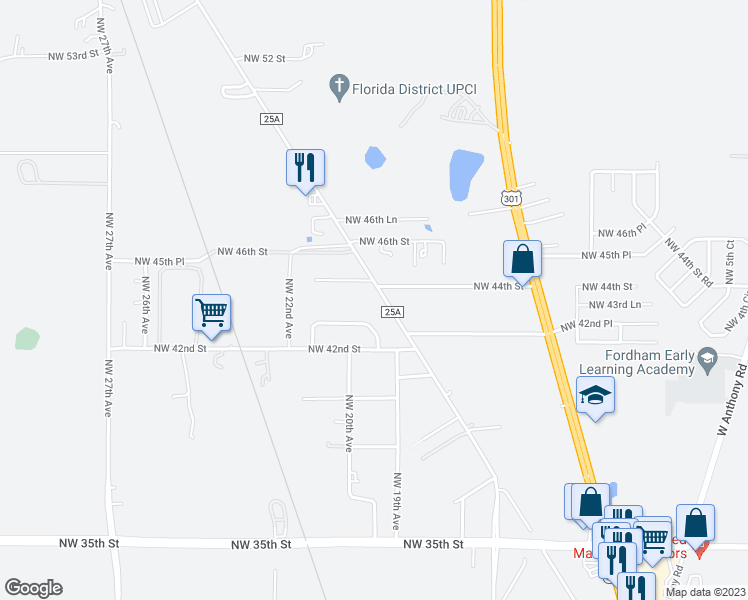 map of restaurants, bars, coffee shops, grocery stores, and more near 4348 Northwest Gainesville Road in Ocala