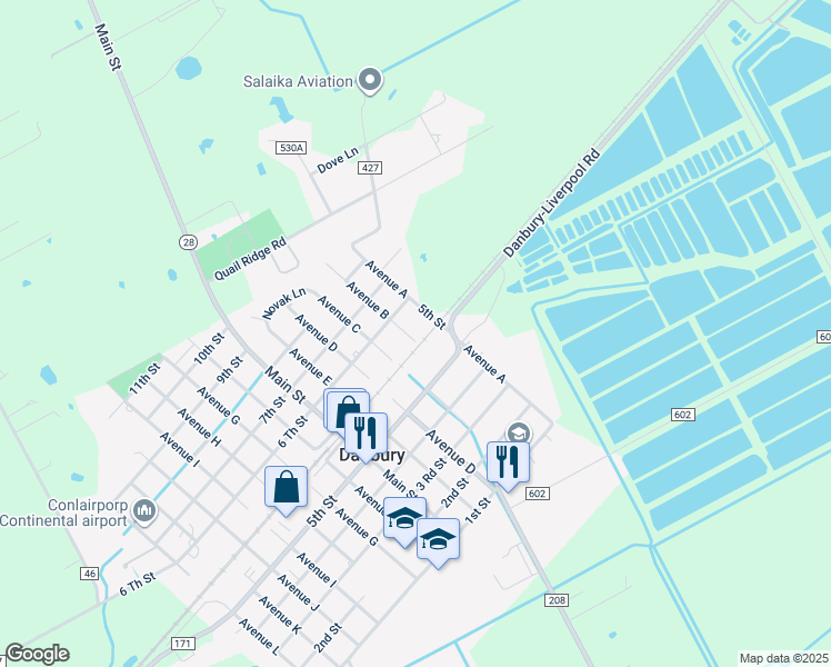 map of restaurants, bars, coffee shops, grocery stores, and more near 1723 Avenue B in Danbury