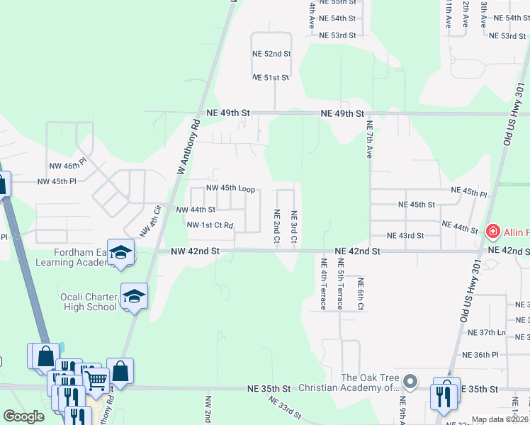 map of restaurants, bars, coffee shops, grocery stores, and more near 42 Northwest 45th Loop in Ocala