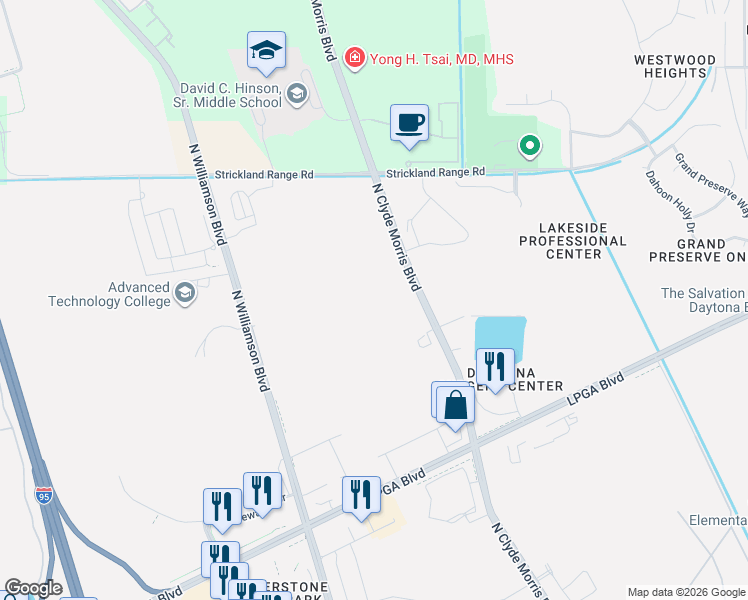 map of restaurants, bars, coffee shops, grocery stores, and more near 1696 North Clyde Morris Boulevard in Daytona Beach