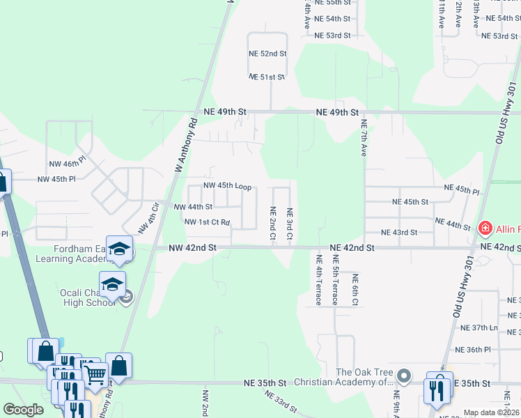 map of restaurants, bars, coffee shops, grocery stores, and more near 42 Northwest 45th Loop in Ocala