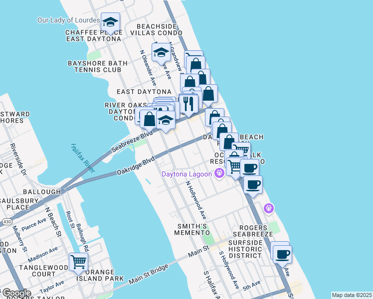 map of restaurants, bars, coffee shops, grocery stores, and more near 425 North Oleander Avenue in Daytona Beach