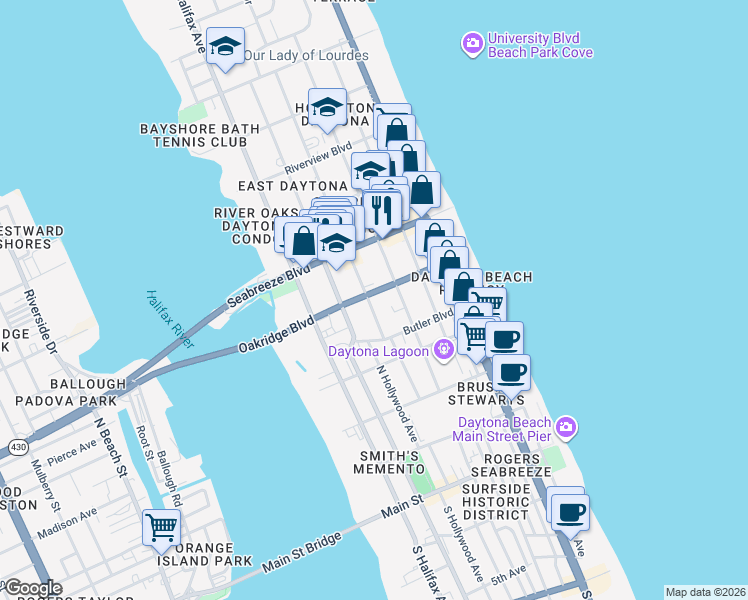 map of restaurants, bars, coffee shops, grocery stores, and more near 425 North Oleander Avenue in Daytona Beach