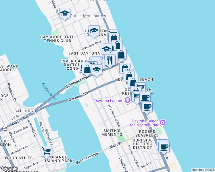 map of restaurants, bars, coffee shops, grocery stores, and more near 400 Oakridge Boulevard in Daytona Beach