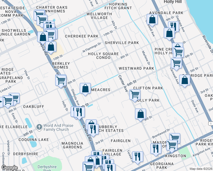 map of restaurants, bars, coffee shops, grocery stores, and more near 616 Bay Avenue in Daytona Beach