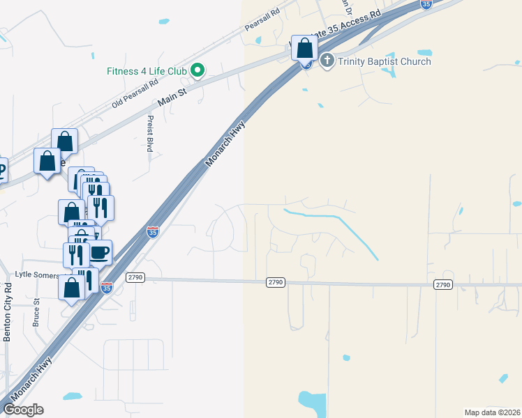 map of restaurants, bars, coffee shops, grocery stores, and more near 636 Farm to Market Road 2790 in Lytle