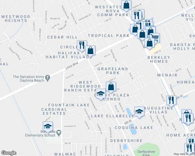 map of restaurants, bars, coffee shops, grocery stores, and more near 1001 Derbyshire Road in Daytona Beach