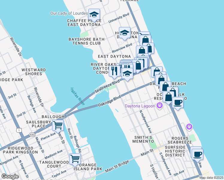 map of restaurants, bars, coffee shops, grocery stores, and more near 509 North Halifax Avenue in Daytona Beach