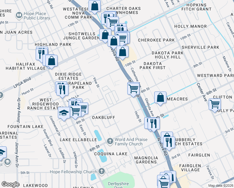 map of restaurants, bars, coffee shops, grocery stores, and more near 866 East Colonial Circle in Daytona Beach