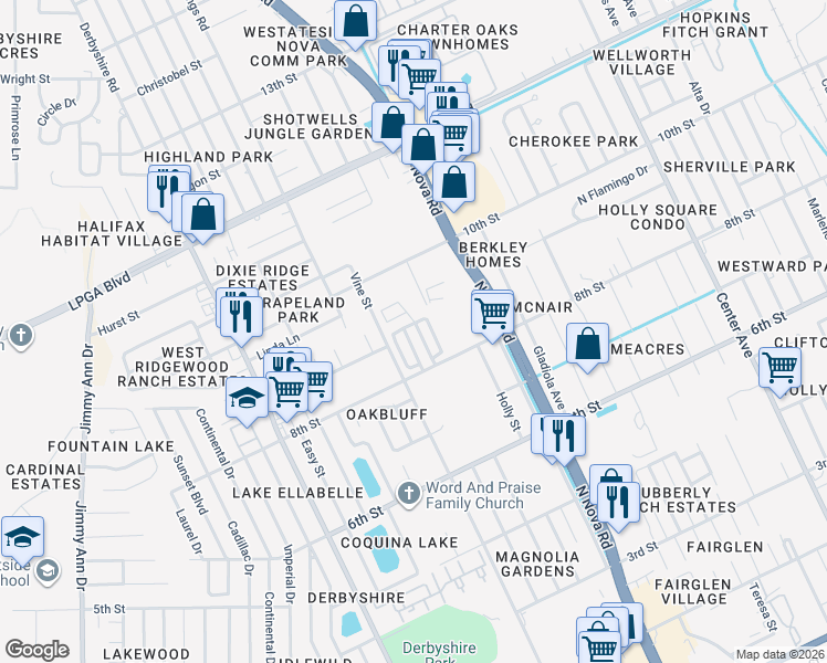 map of restaurants, bars, coffee shops, grocery stores, and more near 866 East Colonial Circle in Daytona Beach
