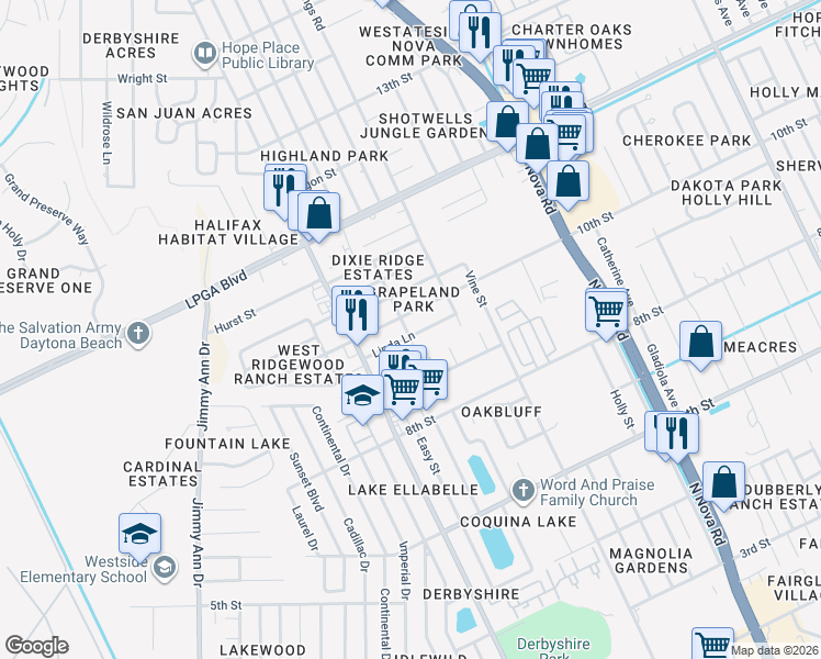 map of restaurants, bars, coffee shops, grocery stores, and more near 991 Bobbie Lee Drive in Daytona Beach