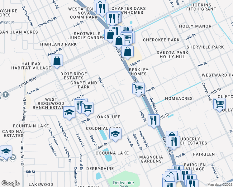map of restaurants, bars, coffee shops, grocery stores, and more near 866 East Colonial Circle in Daytona Beach