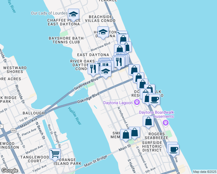 map of restaurants, bars, coffee shops, grocery stores, and more near 222 Oakridge Boulevard in Daytona Beach