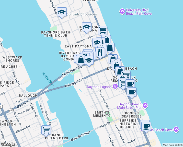 map of restaurants, bars, coffee shops, grocery stores, and more near 222 Oakridge Boulevard in Daytona Beach