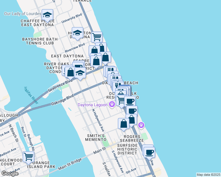 map of restaurants, bars, coffee shops, grocery stores, and more near 401 North Grandview Avenue in Daytona Beach