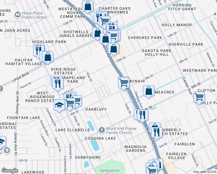 map of restaurants, bars, coffee shops, grocery stores, and more near 866 East Colonial Circle in Daytona Beach