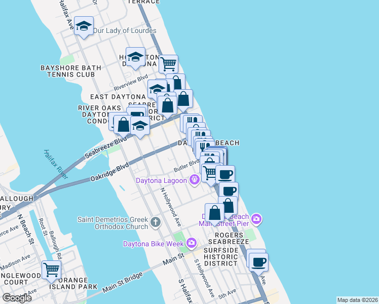 map of restaurants, bars, coffee shops, grocery stores, and more near 401 North Grandview Avenue in Daytona Beach