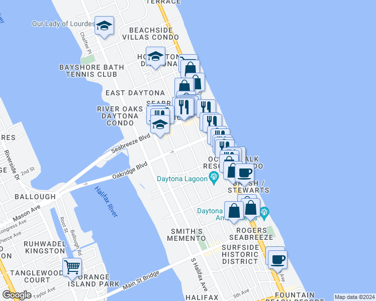map of restaurants, bars, coffee shops, grocery stores, and more near 409 North Wild Olive Avenue in Daytona Beach