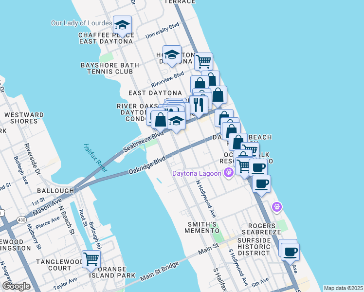 map of restaurants, bars, coffee shops, grocery stores, and more near 222 Oakridge Boulevard in Daytona Beach