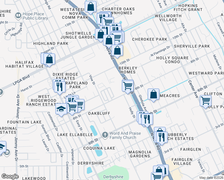 map of restaurants, bars, coffee shops, grocery stores, and more near 866 East Colonial Circle in Daytona Beach