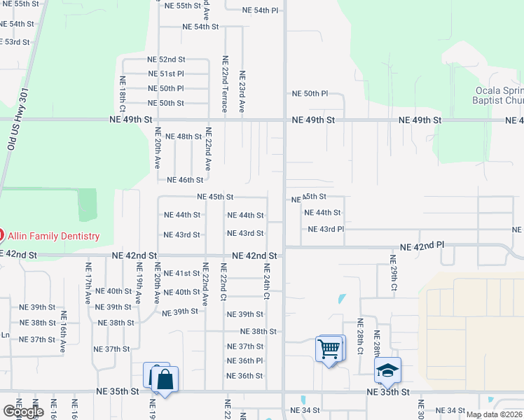 map of restaurants, bars, coffee shops, grocery stores, and more near 2320 Northeast 44th Street in Ocala