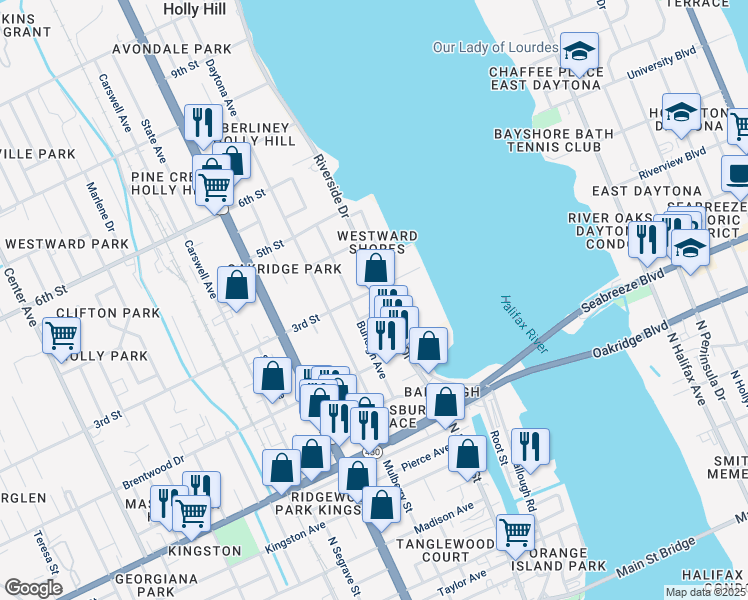 map of restaurants, bars, coffee shops, grocery stores, and more near 111 Boswell Drive in Holly Hill
