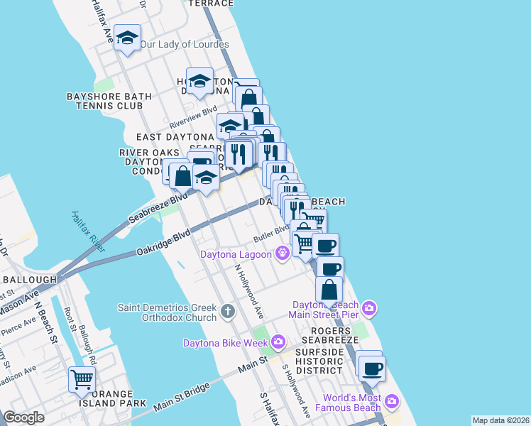 map of restaurants, bars, coffee shops, grocery stores, and more near 431 North Atlantic Avenue in Daytona Beach
