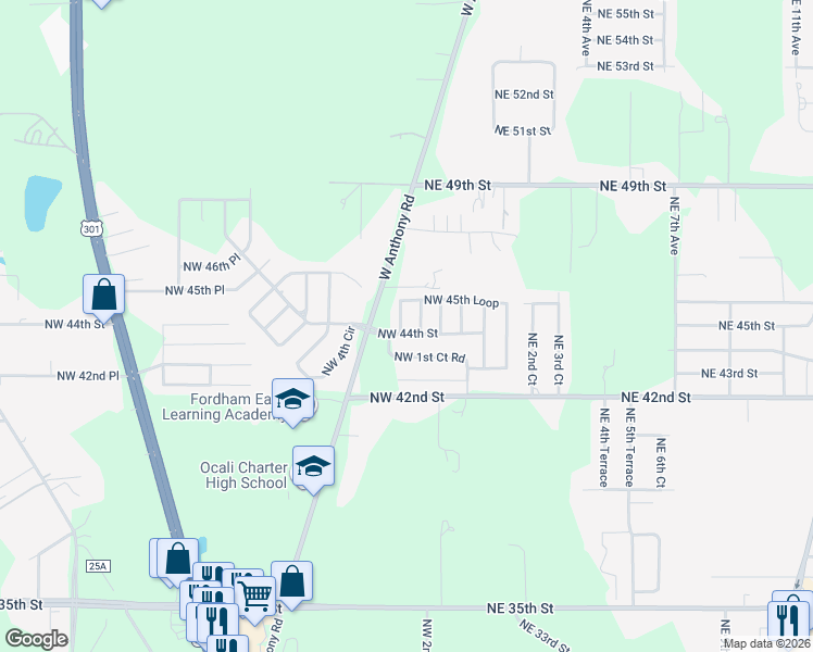 map of restaurants, bars, coffee shops, grocery stores, and more near 4537 Northwest 2nd Court in Ocala