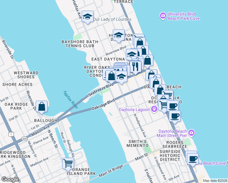 map of restaurants, bars, coffee shops, grocery stores, and more near 202 Seabreeze Boulevard in Daytona Beach