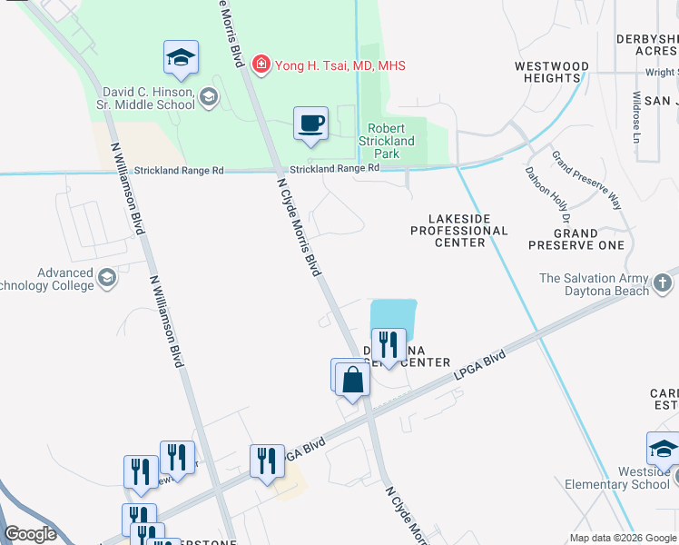 map of restaurants, bars, coffee shops, grocery stores, and more near 1737 North Clyde Morris Boulevard in Daytona Beach