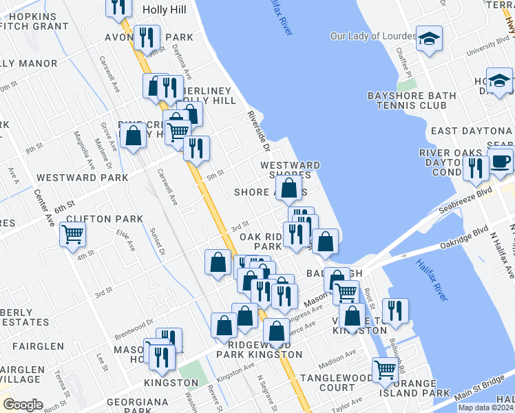map of restaurants, bars, coffee shops, grocery stores, and more near 328 Burleigh Avenue in Daytona Beach