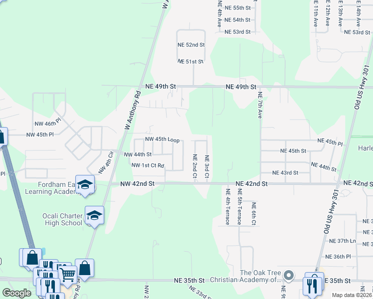 map of restaurants, bars, coffee shops, grocery stores, and more near 4235 Northwest 1st Court Road in Ocala