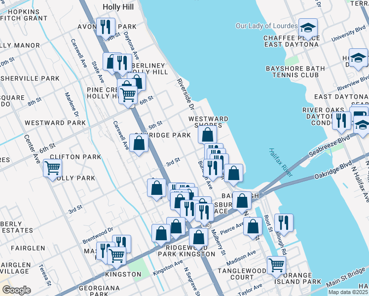 map of restaurants, bars, coffee shops, grocery stores, and more near 328 Burleigh Avenue in Daytona Beach