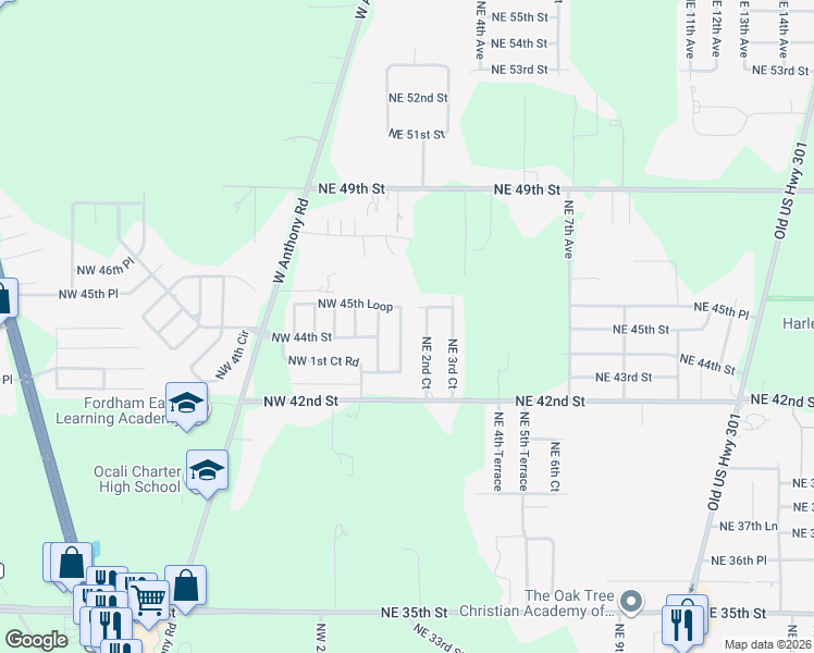 map of restaurants, bars, coffee shops, grocery stores, and more near 4235 Northwest 1st Court Road in Ocala
