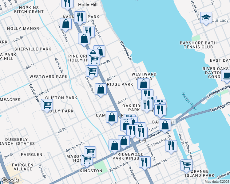map of restaurants, bars, coffee shops, grocery stores, and more near 403 Ridgewood Avenue in Daytona Beach