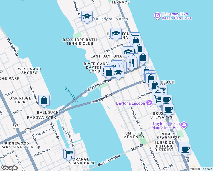 map of restaurants, bars, coffee shops, grocery stores, and more near 202 Seabreeze Boulevard in Daytona Beach