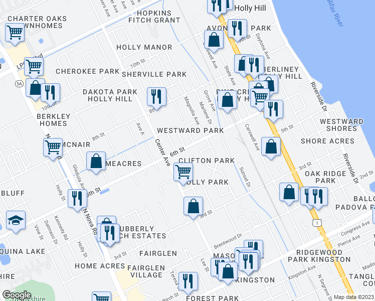 map of restaurants, bars, coffee shops, grocery stores, and more near 529 6th Street in Daytona Beach