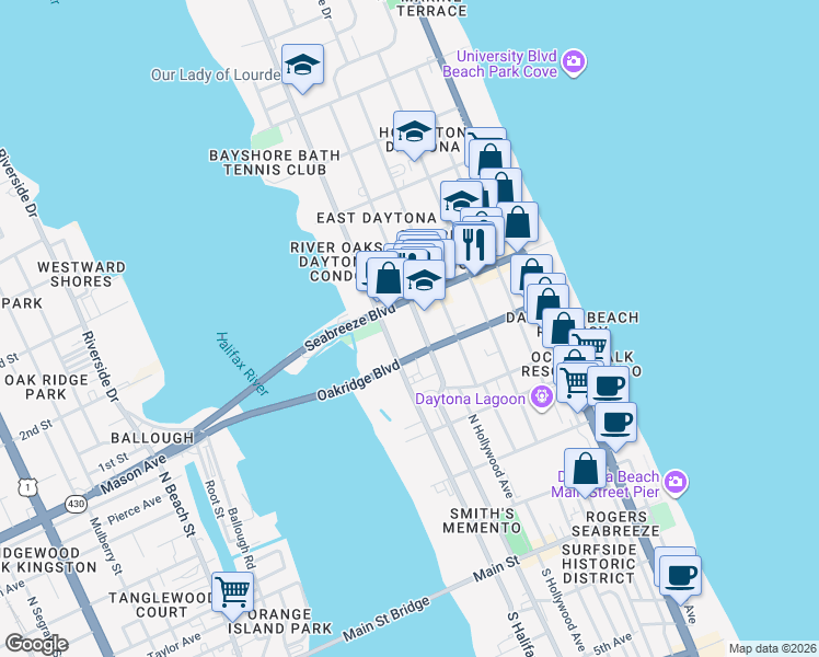 map of restaurants, bars, coffee shops, grocery stores, and more near 534 North Peninsula Drive in Daytona Beach