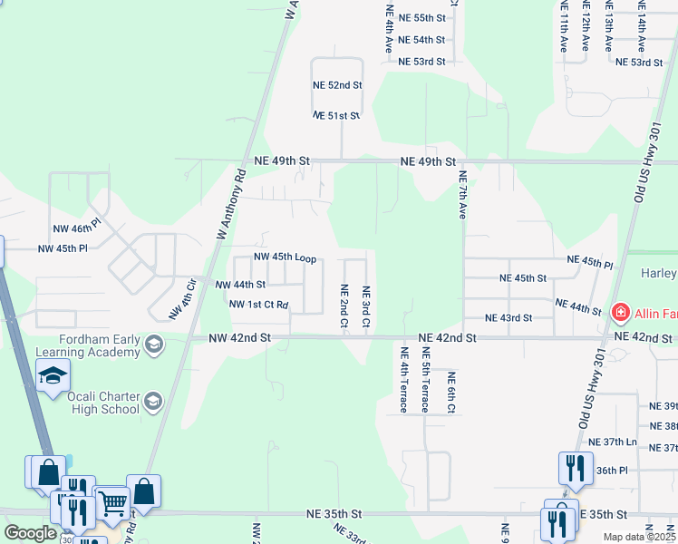 map of restaurants, bars, coffee shops, grocery stores, and more near 4470 Northeast 2nd Court in Ocala