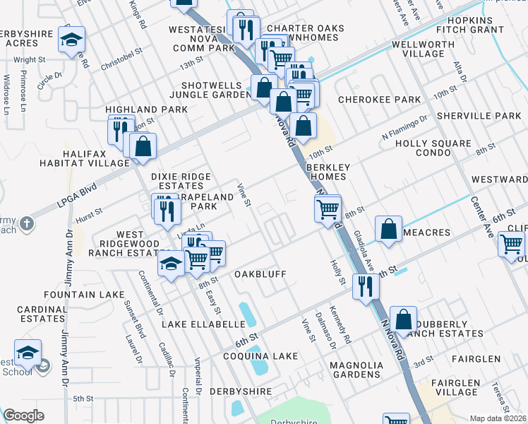 map of restaurants, bars, coffee shops, grocery stores, and more near 1085 10th Street in Holly Hill