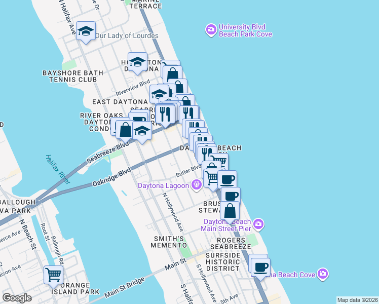 map of restaurants, bars, coffee shops, grocery stores, and more near 431 North Atlantic Avenue in Daytona Beach