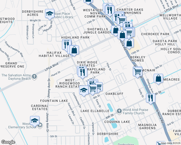map of restaurants, bars, coffee shops, grocery stores, and more near 1219 David Drive in Daytona Beach