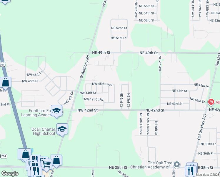 map of restaurants, bars, coffee shops, grocery stores, and more near 4235 Northwest 1st Court Road in Ocala
