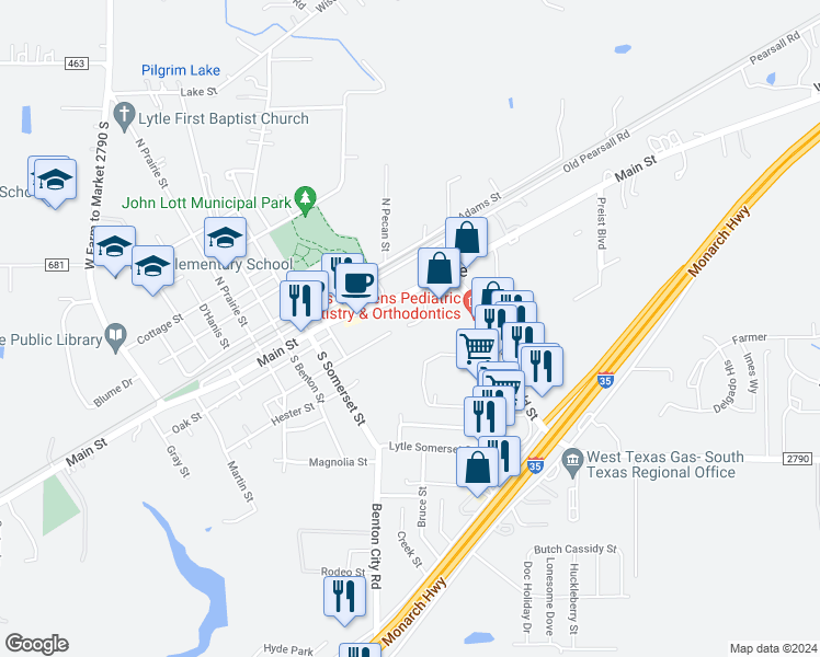map of restaurants, bars, coffee shops, grocery stores, and more near 14952 Main Street in Lytle