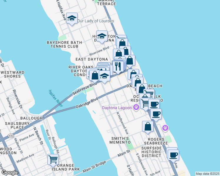 map of restaurants, bars, coffee shops, grocery stores, and more near 515 North Oleander Avenue in Daytona Beach